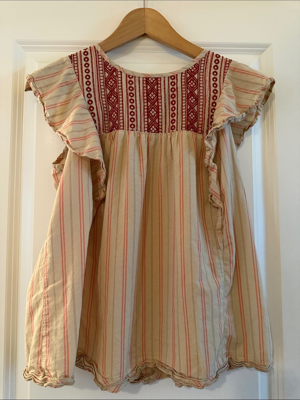 Knox Rose Cream Blouse with Red Embroidered Yoke and Pink Stripe Detail
